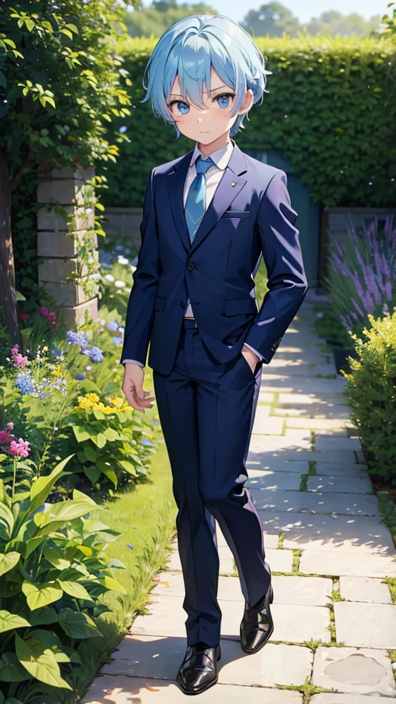 Little boy with hair, light Blue hair, skin, blue eyes, suit, blue tie, dark pants, In the garden