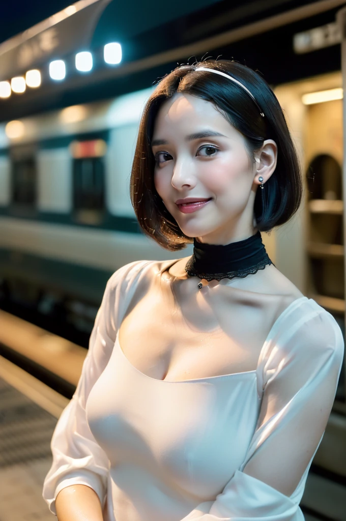 (((Ultimate Photorealistic, ultimate high-quality 32k photo))),(((American-shot photo taken from the front, looking at viewer seriously ))),(((( Seductive pose, 7 heads、Staring Intently :1.8)))),(((A simple and elegant short-sleeved business blouse made of pure white, extremely thin fabric with a wide V-neck., Soaking wet、She is looking straight at the camera with a very shy look on her face.。light makeup、elegant black wet middle bob。An elegant white very thin choker:1.4)))。((Highest quality)), ((masterpiece)), (((detailed))), (midnight ,A modern train station platform in Tokyo on a dark, pouring, stormy night, Low Key Lighting:1.6)、(((A very beautiful, extremely elegant and intelligent 42 year old Japanese woman。A feminine, curvaceous body。An extremely elegant, calm and modest smile, Being drunk、My eyes are extremely watery、I'm very horny、embarrassed ,blush, Curvy Body、Extremely realistic, detailed and beautiful depiction of the face and waist:1.9)))、(((The skin is white and very smooth。A very hot rainy summer night、I'm pretty sweaty、My clothes were soaked and pretty see-through.、When wet, it sticks tightly to the skin, revealing the beautiful lines of the body.、The skin is clearly visible through the extremely thin fabric.:1.9)))。(((A simple and elegant business pencil skirt in a plain navy blue knee-length,The clothes fit the body very well:1.8))), ((Healthy Body、The line of the chest, collarbone and extremely beautiful and feminine décolleté are the ultimate beauty.:1.9))。(((large&good hips、large&nice chests )))