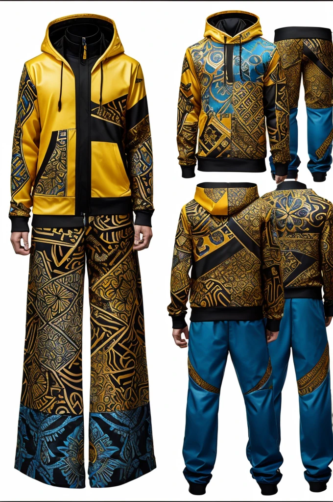 infographic fashion design, multiple concept designs, concept design sheet, blue print paper, photo realistic , 3D, UHD, mixed style of yoji shinkawa, hideo kojima and Yoshitaka Amano , minimalist shiny Sukajan hoodie jacket with (( hybrid of batik and Japanese tatoo drawing style)) , high contrast blending and combination of ((white , lots of red, yellow , blue, orange and black)) colour , matching trousers