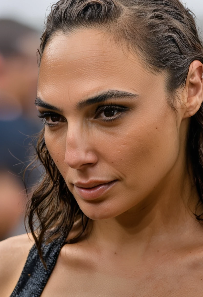  high quality  Erotic shot of a extremely hot woman, ( GalGadot, photorealistic, extremely sexualized fit slender figure:1.4 ) wearing a color sexualized bikini , famous erotic bikini model , celebrity erotic photograph, extremely long  hair , erotic photoshoot , fit muscular figure ,rainy, wet, shiny sweaty skin, seductive expression , on beach, wet hair, dark atmosphere, erotic lighting  , celebrity, female,  woman, hollywood actress, erotic angle  , fleshy muscular woman  , ( perfect body parts, perfect anatomy, ultra detailed face , depth of field, insanely detailed skin texture, hyper detailed features )