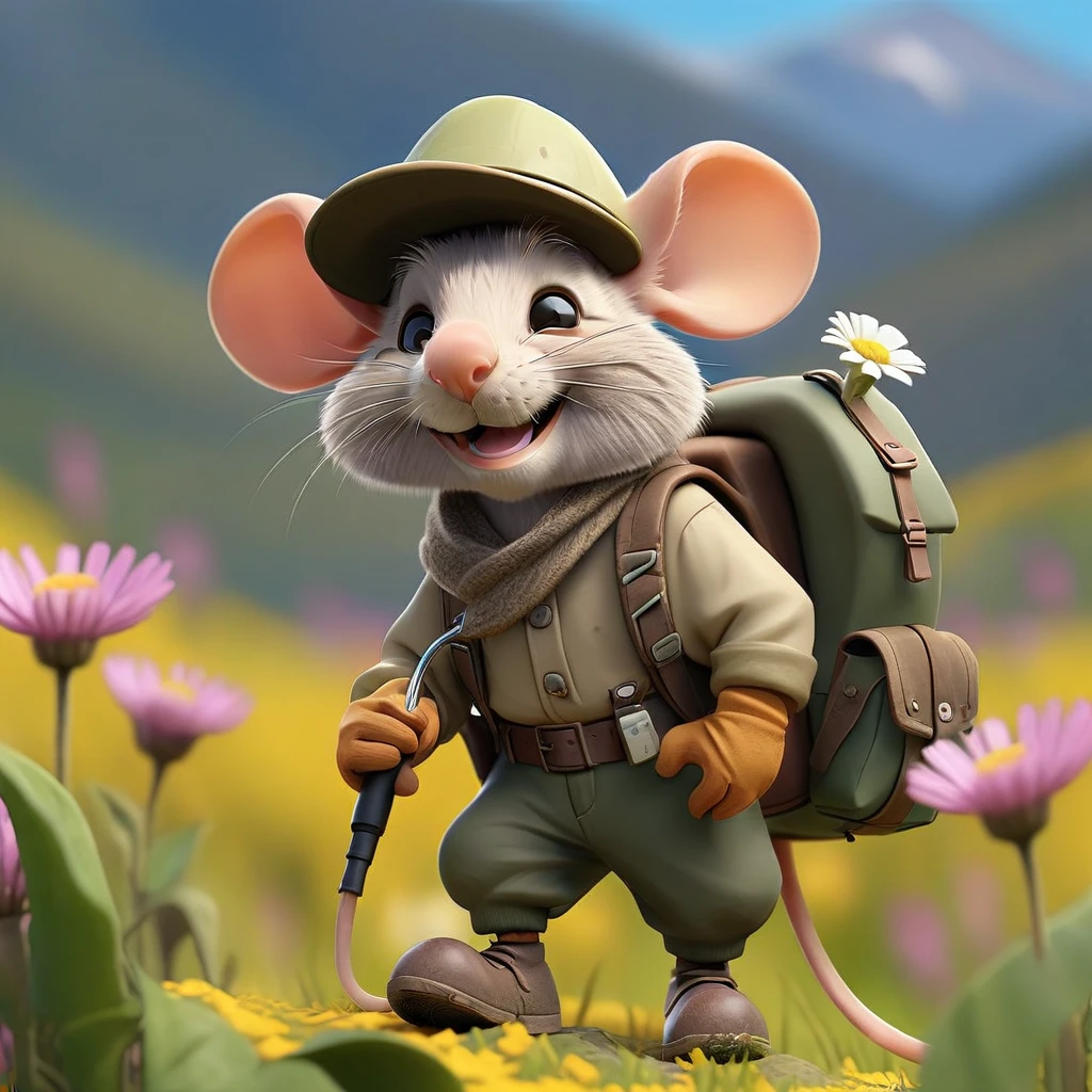an old mouse with a beard in hiking gear in a flower field