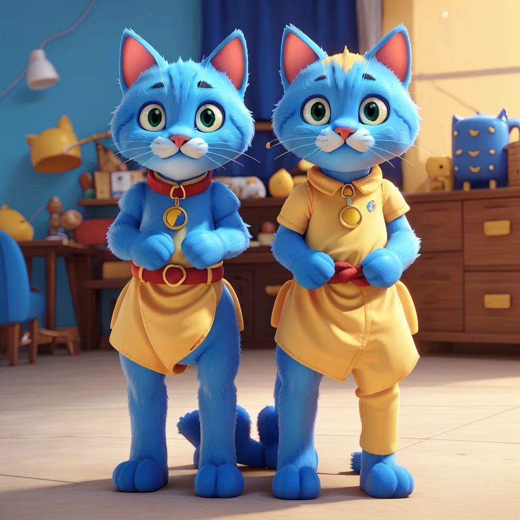 a blue cat-shaped robot, a yellow cat-shaped robot, white pockets on their bellies, yellow cat-shaped robot with a red ribbon, (best quality,4k,8k,highres,masterpiece:1.2),ultra-detailed,(realistic,photorealistic,photo-realistic:1.37),highly detailed, intricate details, 3D render, cinematic lighting, vibrant colors, whimsical, cute, playful, fantasy