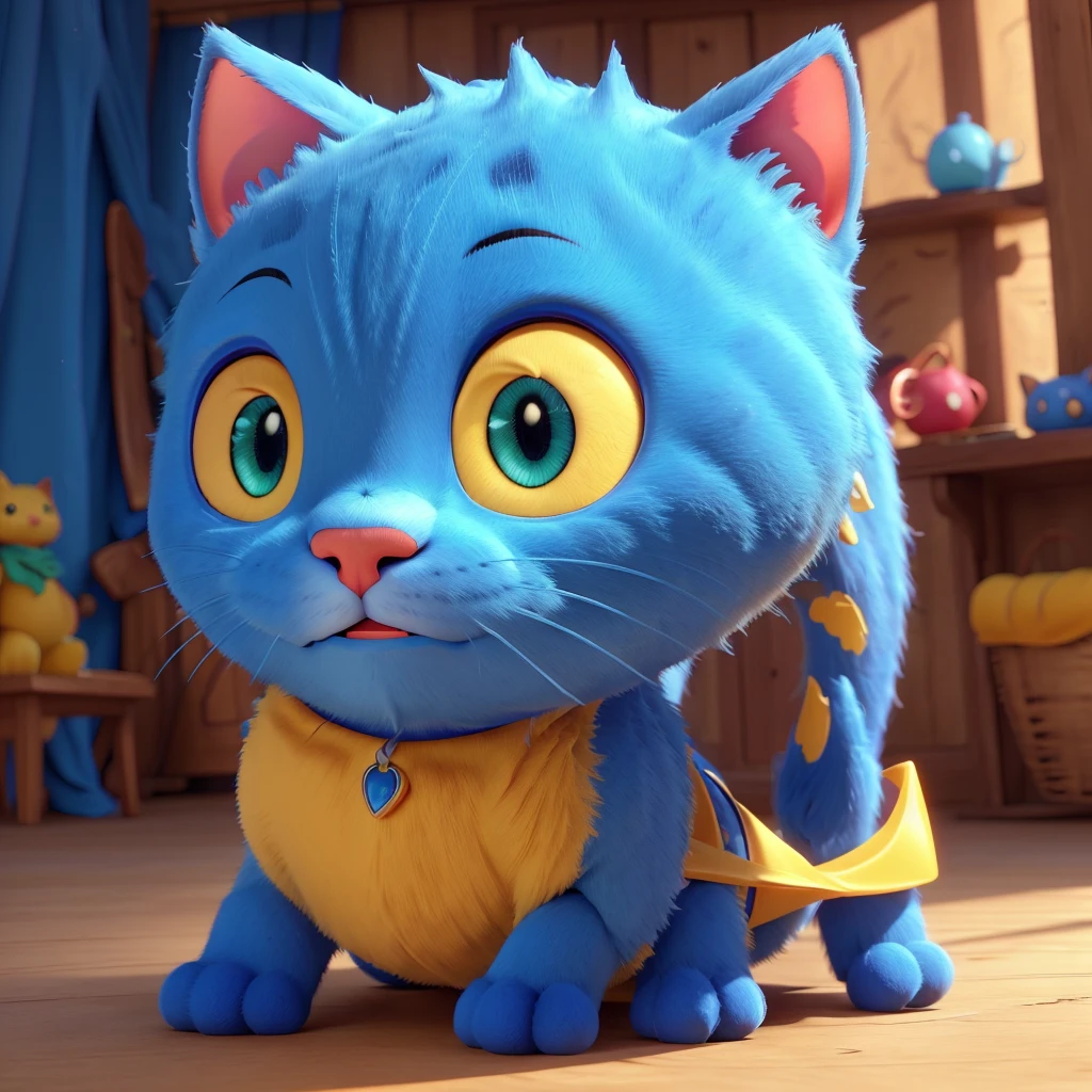 a blue cat-shaped robot, a yellow cat-shaped robot, white pockets on their bellies, yellow cat-shaped robot with a red ribbon, (best quality,4k,8k,highres,masterpiece:1.2),ultra-detailed,(realistic,photorealistic,photo-realistic:1.37),highly detailed, intricate details, 3D render, cinematic lighting, vibrant colors, whimsical, cute, playful, fantasy