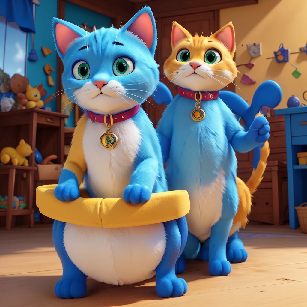 a blue cat-shaped robot, a yellow cat-shaped robot, white pockets on their bellies, yellow cat-shaped robot with a red ribbon, (best quality,4k,8k,highres,masterpiece:1.2),ultra-detailed,(realistic,photorealistic,photo-realistic:1.37),highly detailed, intricate details, 3D render, cinematic lighting, vibrant colors, whimsical, cute, playful, fantasy