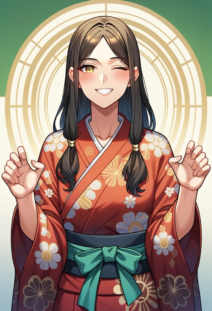 Illustration, UHD, retina, masterpiece, accurate, anatomically correct, super detail, high details, high quality, award winning, best quality, highres, good anatomy, 1080P, HD, 4K, 8k, 16k, 1girl, dynamic pose, androgynous,upper body potrait, detailed eyes, detailed clothes, detailed hair, rendering, 5 fingers, potrait, Aidalro, cute waifu, short dark white long hair, chopped bangs, medium locks, big circle yellow eyes, looking at viewer, smiling, winking, blushing, wearing a kimono