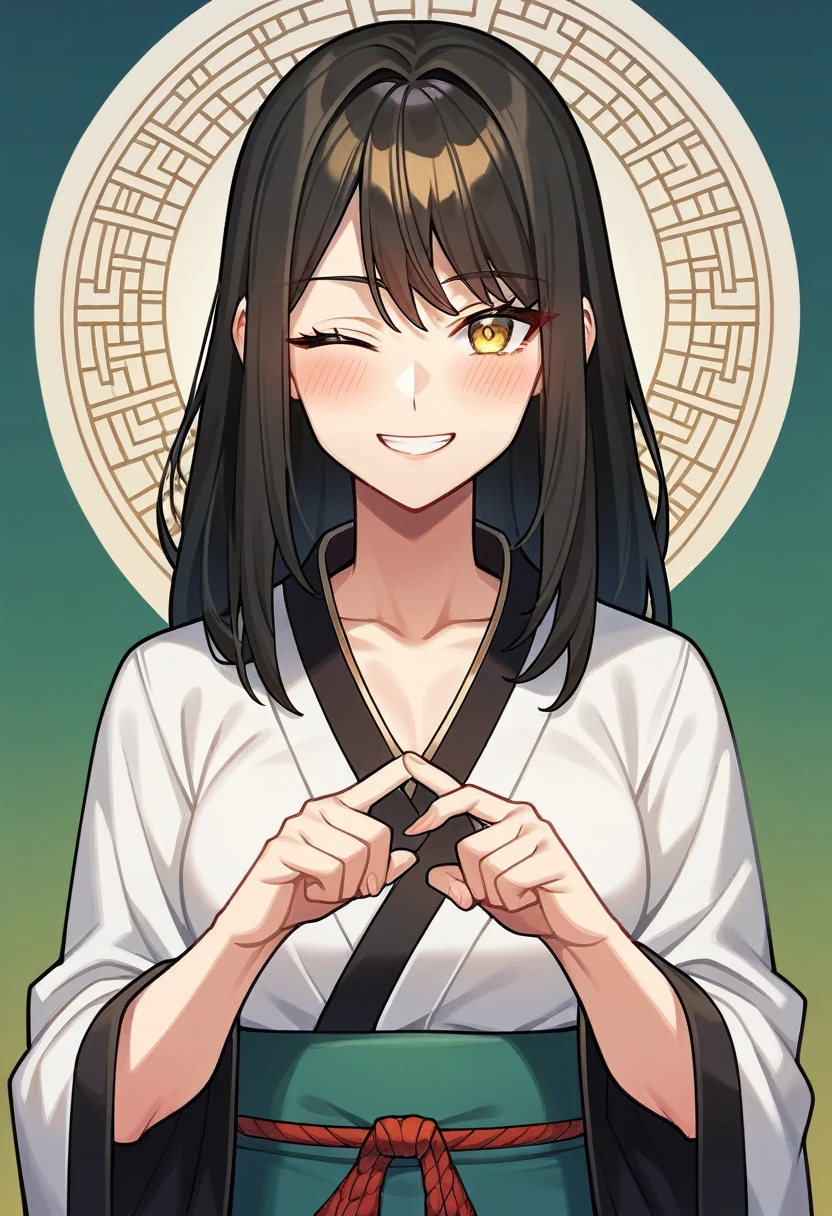 Illustration, UHD, retina, masterpiece, accurate, anatomically correct, super detail, high details, high quality, award winning, best quality, highres, good anatomy, 1080P, HD, 4K, 8k, 16k, 1girl, dynamic pose, androgynous,upper body potrait, detailed eyes, detailed clothes, detailed hair, rendering, 5 fingers, potrait, Aidalro, cute waifu, short dark white long hair, chopped bangs, medium locks, big circle yellow eyes, looking at viewer, smiling, winking, blushing, wearing a kimono