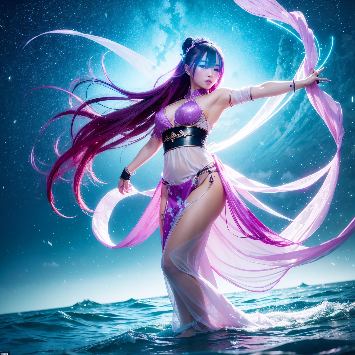 Generate a detailed image of the character Taoqi from Wuthering Waves. Taoqi is a character with a striking and distinct look. She has short, pink hair., EXPRESSIVE AND BRIGHT EYES, and futuristic costumes with touches of traditional Asian elements. Her pose should be dynamic, as if in the midst of a graceful combat or dance movement, highlighting its agility and elegance.
The scenery around Taoqi should be a futuristic environment with natural elements, as a mix of advanced technology and exuberant nature. Pillars of light and metallic structures blend with verdant vegetation and exotic flowers. The sky in the background is dyed in shades of purple and blue, creating a mystical and enchanting atmosphere.
Lighting should emphasize Taoqi characteristics, with soft shadows and reflections that highlight your outfit and facial expressions. The image should convey a sense of movement and energy, capturing the essence of the character and world of Wuthering Waves.