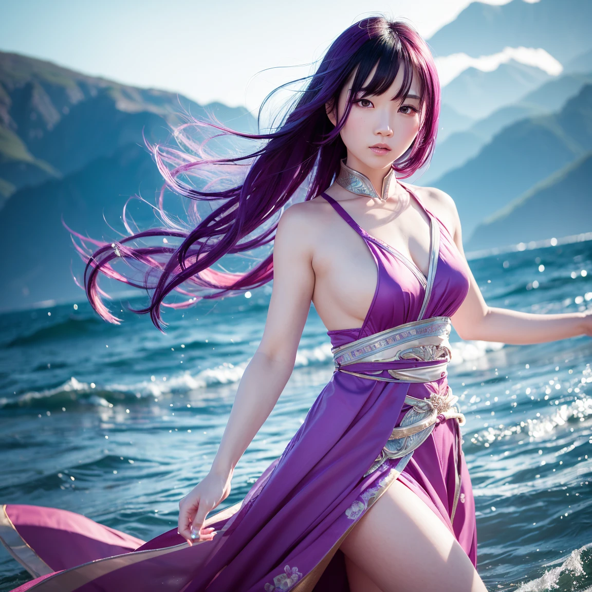 Generate a detailed image of the character Taoqi from Wuthering Waves. Taoqi is a character with a striking and distinct look. She has short, pink hair., EXPRESSIVE AND BRIGHT EYES, and futuristic costumes with touches of traditional Asian elements. Her pose should be dynamic, as if in the midst of a graceful combat or dance movement, highlighting its agility and elegance.

The scenery around Taoqi should be a futuristic environment with natural elements, as a mix of advanced technology and exuberant nature. Pillars of light and metallic structures blend with verdant vegetation and exotic flowers. The sky in the background is dyed in shades of purple and blue, creating a mystical and enchanting atmosphere.

Lighting should emphasize Taoqi characteristics, with soft shadows and reflections that highlight your outfit and facial expressions. The image should convey a sense of movement and energy, capturing the essence of the character and world of Wuthering Waves.