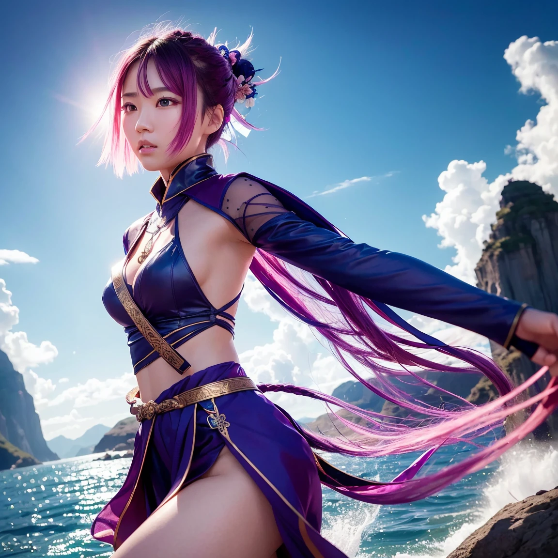 Generate a detailed image of the character Taoqi from Wuthering Waves. Taoqi is a character with a striking and distinct look. She has short, pink hair., EXPRESSIVE AND BRIGHT EYES, and futuristic costumes with touches of traditional Asian elements. Her pose should be dynamic, as if in the midst of a graceful combat or dance movement, highlighting its agility and elegance.

The scenery around Taoqi should be a futuristic environment with natural elements, as a mix of advanced technology and exuberant nature. Pillars of light and metallic structures blend with verdant vegetation and exotic flowers. The sky in the background is dyed in shades of purple and blue, creating a mystical and enchanting atmosphere.

Lighting should emphasize Taoqi characteristics, with soft shadows and reflections that highlight your outfit and facial expressions. The image should convey a sense of movement and energy, capturing the essence of the character and world of Wuthering Waves.