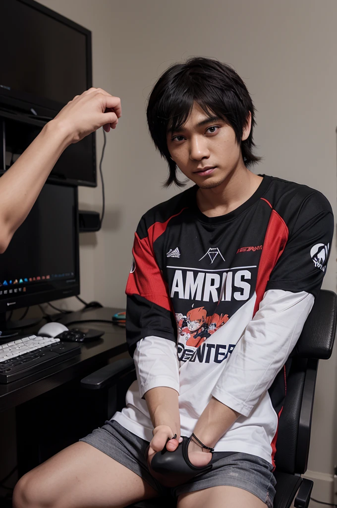 Anime berambut sedikit panjang memakai baju gaming ada nama sykes dipunggungnya