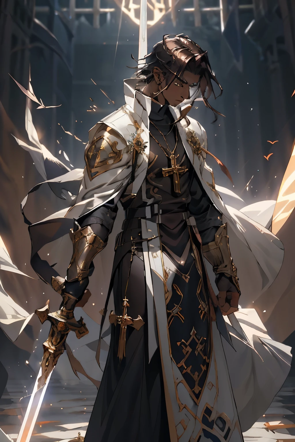 a black skin human, brown hair, light domain cleric, priest, with a light mace in his hand