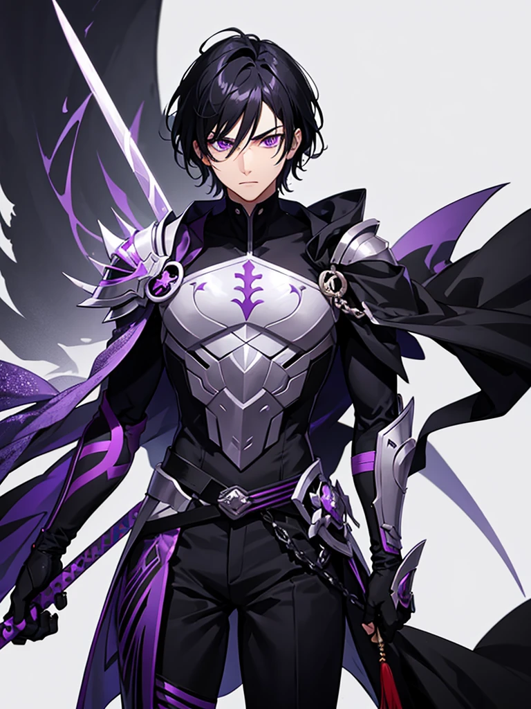 Male character with black hair and purple eyes and swords and black clothes 