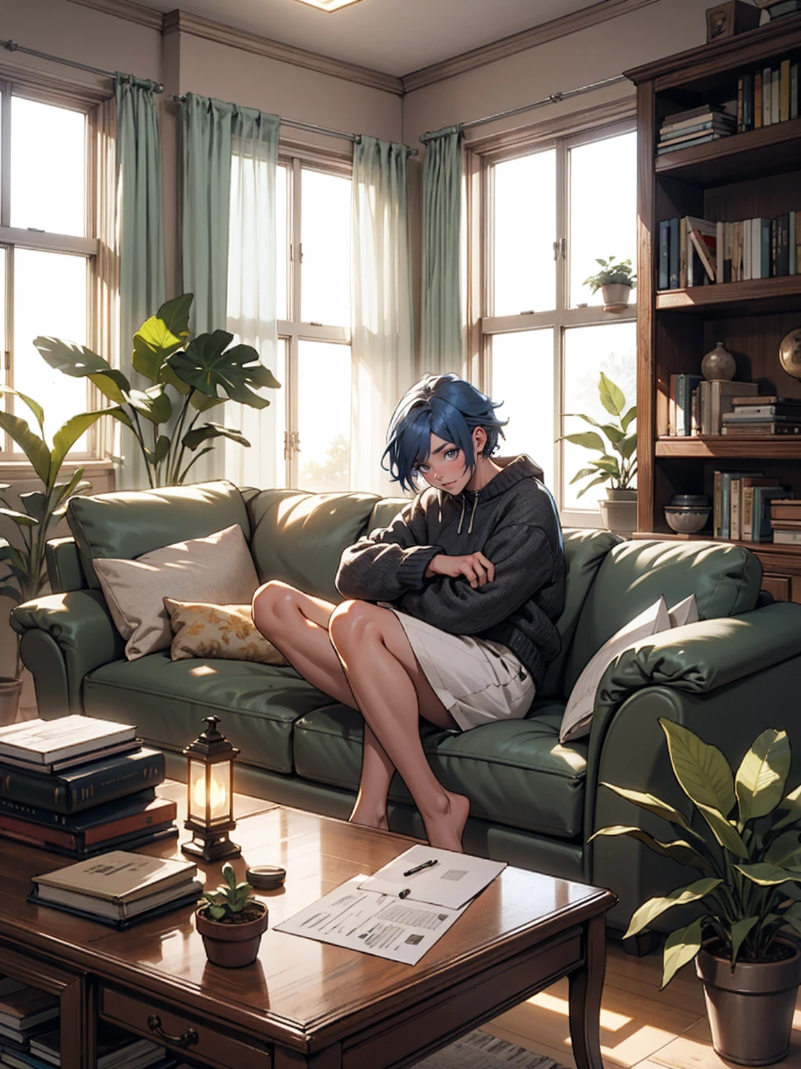 living room, sofa, window, curtain, Speckled sunlight, Potted plants, table, cupboard,Bookshelf, paper, Desk lamp, Blue Hair Girl, Girl sitting on sofa