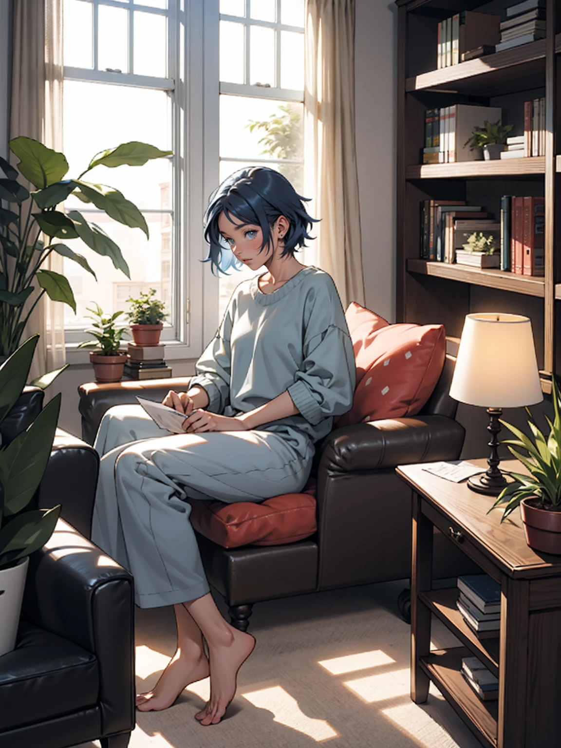 living room, sofa, window, curtain, Speckled sunlight, Potted plants, table, cupboard,Bookshelf, paper, Desk lamp, Blue Hair Girl, Girl sitting on sofa