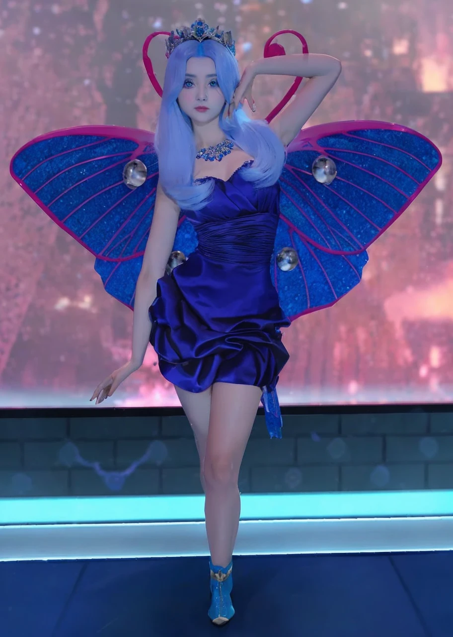 beautiful with blue eyes, long straight blue hair, blue crown on head, with blue butterfly wings, blue dress, skin fair, blue boot.