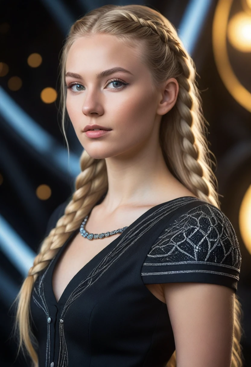 a beautiful 21 yo Oslo Norway woman, Captain Tiassa with long blond braided hair wearing a Venusian black long dress with diamonds next to gold and chrome Venusian spacecraft, intricate detailing, HDR, vibrant contrast, 32k resolution, luminism lighting techniques, ultra-realistic digital render, bokeh, mass effect, close up black, beauty, pure perfection, divine presence, unforgettable, impressive, breathtaking beauty, Volumetric light, auras, rays, 8k uhd, dslr, soft lighting, high quality, natural textures 8k masterpiece canon eos r4s 50 