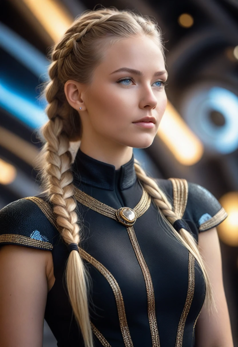 a beautiful 21 yo Oslo Norway woman, Captain Tiassa with long blond braided hair wearing a Venusian black long dress with diamonds next to gold and chrome Venusian spacecraft, intricate detailing, HDR, vibrant contrast, 32k resolution, luminism lighting techniques, ultra-realistic digital render, bokeh, mass effect, close up black, beauty, pure perfection, divine presence, unforgettable, impressive, breathtaking beauty, Volumetric light, auras, rays, 8k uhd, dslr, soft lighting, high quality, natural textures 8k masterpiece canon eos r4s 50