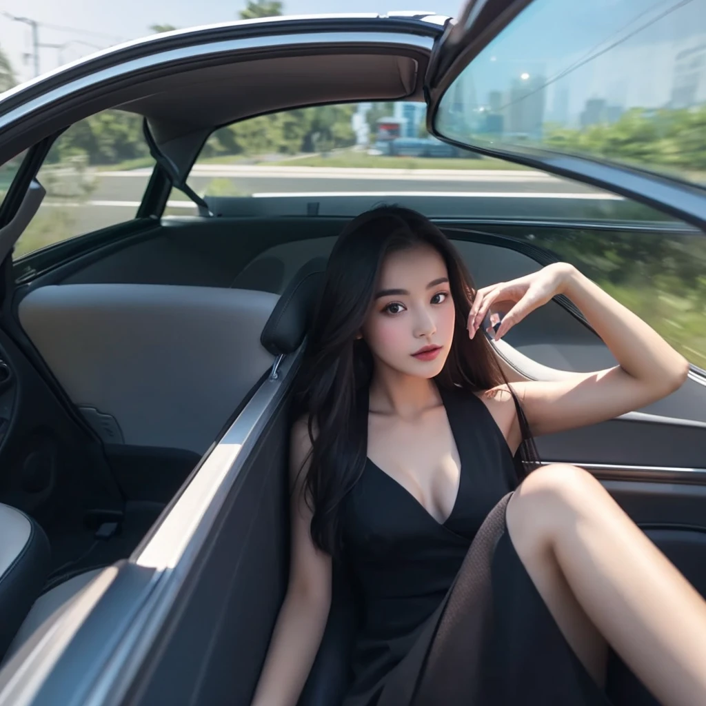a woman sitting in the back seat of a car, instagram model, she is wearing a black dress, deblur, dove, gif, full view, teen, wealthy