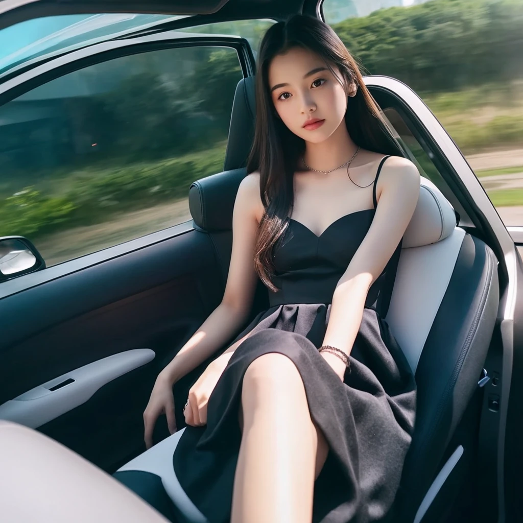 a woman sitting in the back seat of a car, instagram model, she is wearing a black dress, deblur, dove, gif, full view, teen, wealthy