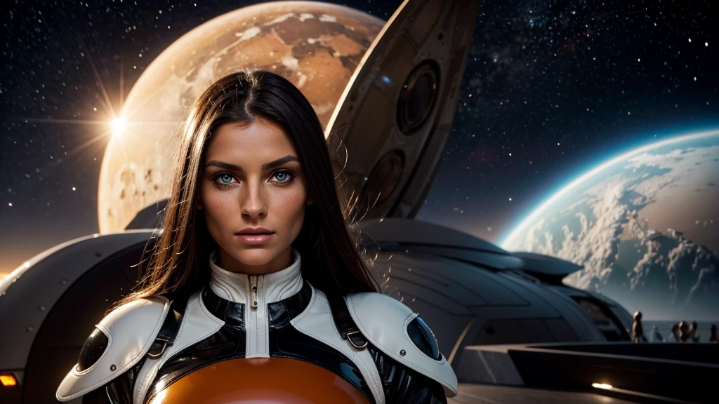 beautiful german female with tanned face, dark hazelnut eyes, wearing a tight white space outfit with orange patterns, very detailed eyes, intense gaze, slim nose, very thin nose and nostrils, long face, long jaw, strict face expression, long black hair with highlights, long leather gloves, on the terrace of a alien planet in the sunset hour close to a starship, soft light