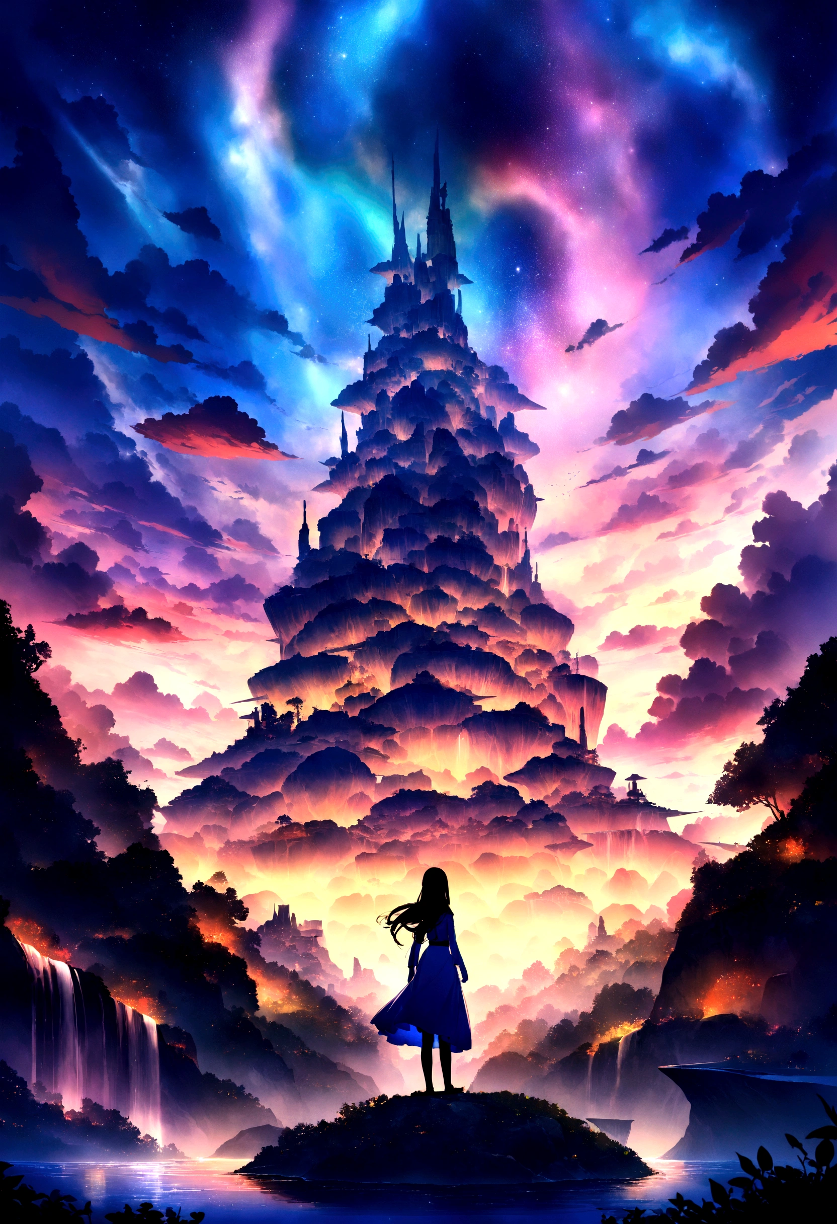 (8K、RAW photos、best quality、look up:1.2、masterpiece:1.2、realistic、Ultra-high resolution、High contrast、Light子映射、real、Very detailed、Official Art, RAW photos、professional Lighting、 Light、Vivid atmosphere、twiceLight), Spectacular panorama including flying islands and waterfalls、Colorful clouds landscape、 A girl is looking at the scenery。A white kitten is guarding 。 The whole work expresses a high fantasy worldview.、The grand composition and proportions are beautifully depicted.。Guardian nebula of rainbow Light and silvery vapor、The Corrosive Siege Ray Family Lights up the sky、There's a sticky feeling in the air.。In this world, Kindness and joy shine、Magnificent scenery adds color to the story。
