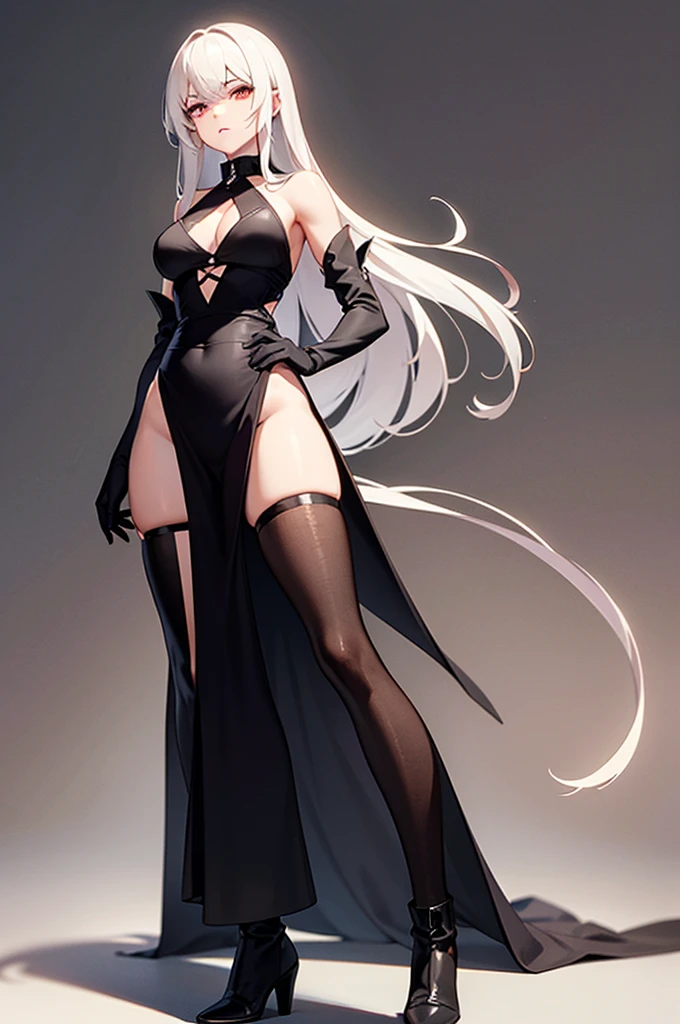 Girl, 20 years old, with long white hair down to below her waist, a serious yet tender expression, and red eyes. Her hair features black streaks. She wears antique-style clothing, a long black dress with a slit on the legs, and high black boots that almost reach her knees. Her power and background are related to shadows and darkness. dark escense, figth stance