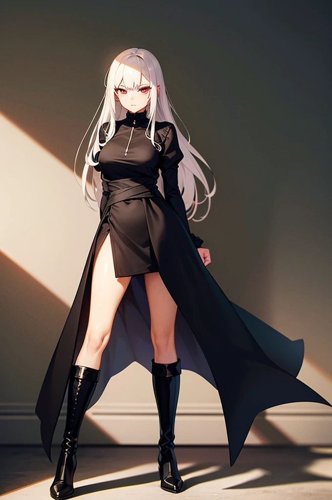 Girl, 20 years old, with long white hair down to below her waist, a serious yet tender expression, and red eyes. Her hair features black streaks. She wears antique-style clothing, a long black dress with a slit on the legs, and high black boots that almost reach her knees. Her power and background are related to shadows and darkness. dark escense, figth stance