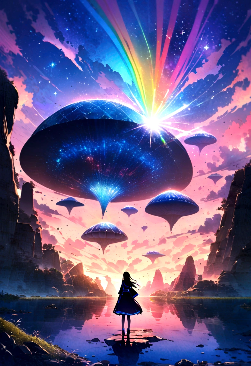 (8K、RAW photos、best quality、look up:1.2、masterpiece:1.2、realistic、Ultra-high resolution、High contrast、Light子映射、real、Very detailed、Official Art, RAW photos、professional Lighting、 Light、Vivid atmosphere、twiceLight), Spectacular panorama including flying islands and waterfalls、Colorful clouds landscape、 A girl is looking at the scenery。A white kitten is guarding 。 The whole work expresses a high fantasy worldview.、The grand composition and proportions are beautifully depicted.。Guardian nebula of rainbow Light and silvery vapor、The Corrosive Siege Ray Family Lights up the sky、There's a sticky feeling in the air.。In this world, Kindness and joy shine、Magnificent scenery adds color to the story。