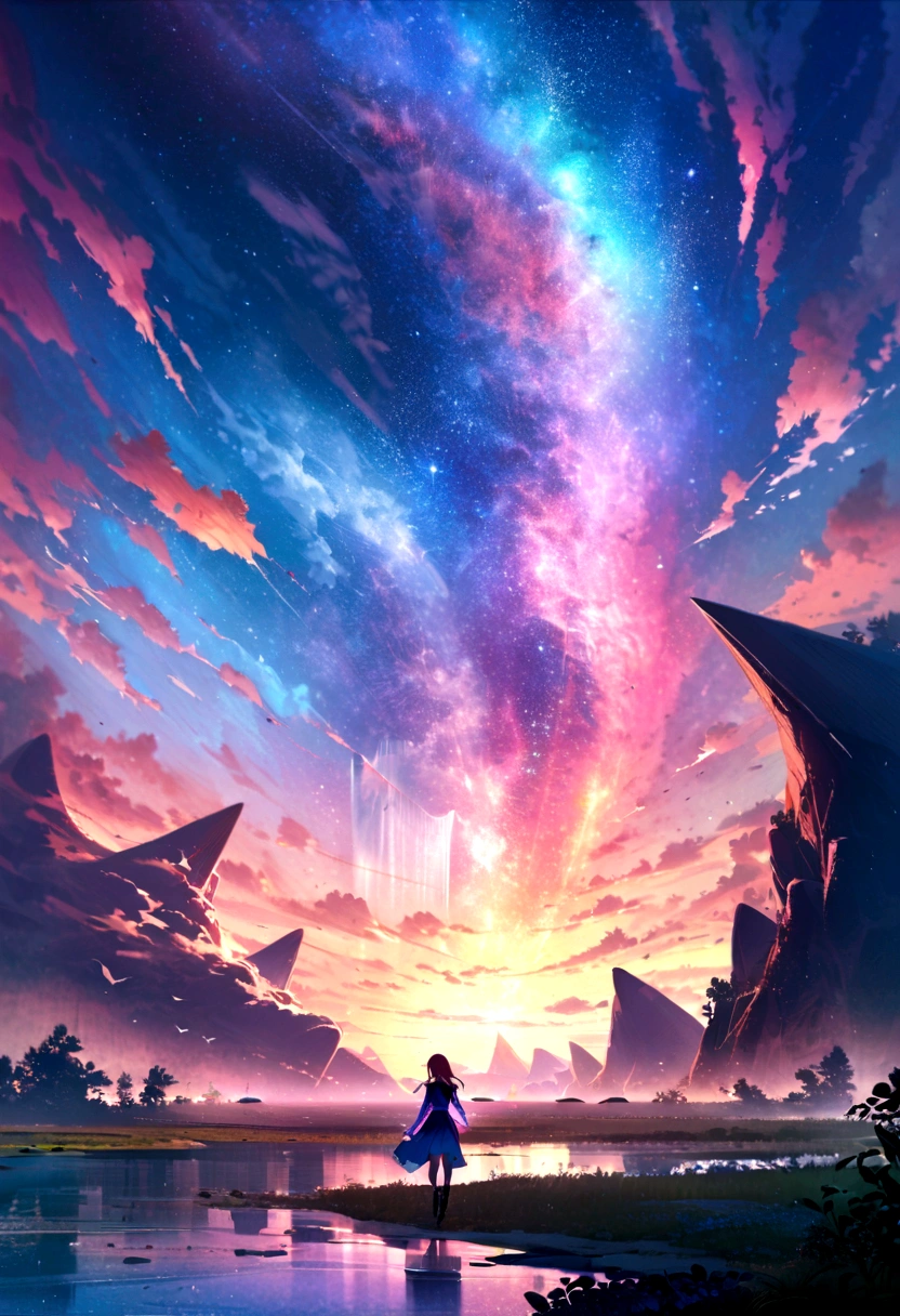 (8K、RAW photos、best quality、look up:1.2、masterpiece:1.2、realistic、Ultra-high resolution、High contrast、Light子映射、real、Very detailed、Official Art, RAW photos、professional Lighting、 Light、Vivid atmosphere、twiceLight), Spectacular panorama including flying islands and waterfalls、Colorful clouds landscape、 A girl is looking at the scenery。A white kitten is guarding 。 The whole work expresses a high fantasy worldview.、The grand composition and proportions are beautifully depicted.。Guardian nebula of rainbow Light and silvery vapor、The Corrosive Siege Ray Family Lights up the sky、There's a sticky feeling in the air.。In this world, Kindness and joy shine、Magnificent scenery adds color to the story。