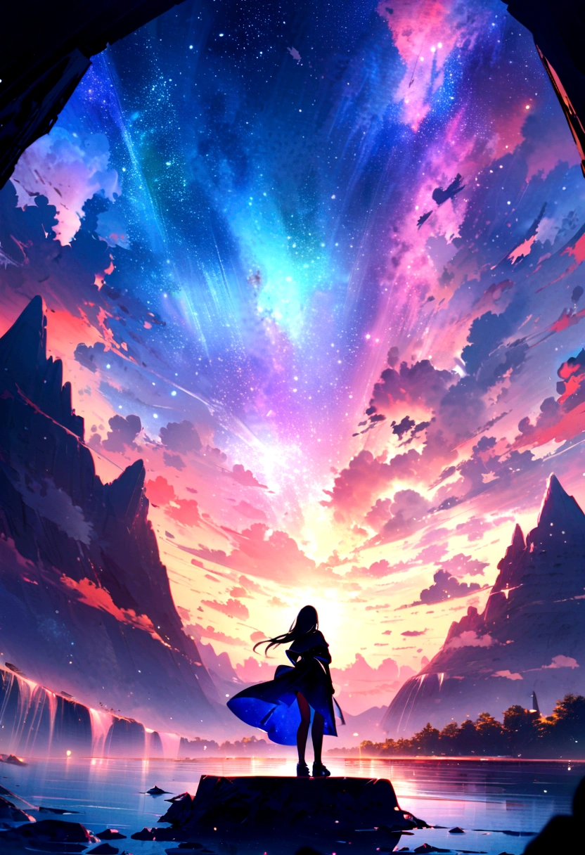 (8K、RAW photos、best quality、look up:1.2、masterpiece:1.2、realistic、Ultra-high resolution、High contrast、Light子映射、real、Very detailed、Official Art, RAW photos、professional Lighting、 Light、Vivid atmosphere、twiceLight), Spectacular panorama including flying islands and waterfalls、Colorful clouds landscape、 A girl is looking at the scenery。A white kitten is guarding 。 The whole work expresses a high fantasy worldview.、The grand composition and proportions are beautifully depicted.。Guardian nebula of rainbow Light and silvery vapor、The Corrosive Siege Ray Family Lights up the sky、There's a sticky feeling in the air.。In this world, Kindness and joy shine、Magnificent scenery adds color to the story。