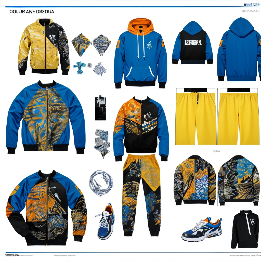 infographic fashion design, multiple concept designs, concept design sheet, blue print paper, photo realistic , 3D, UHD, mixed style of yoji shinkawa, hideo kojima and Yoshitaka Amano , minimalist shiny Sukajan hoodie jacket with (( hybrid of batik and Japanese tatoo drawing style)) , high contrast blending and combination of ((white , lots of red, yellow , blue, orange and black)) colour , matching trousers