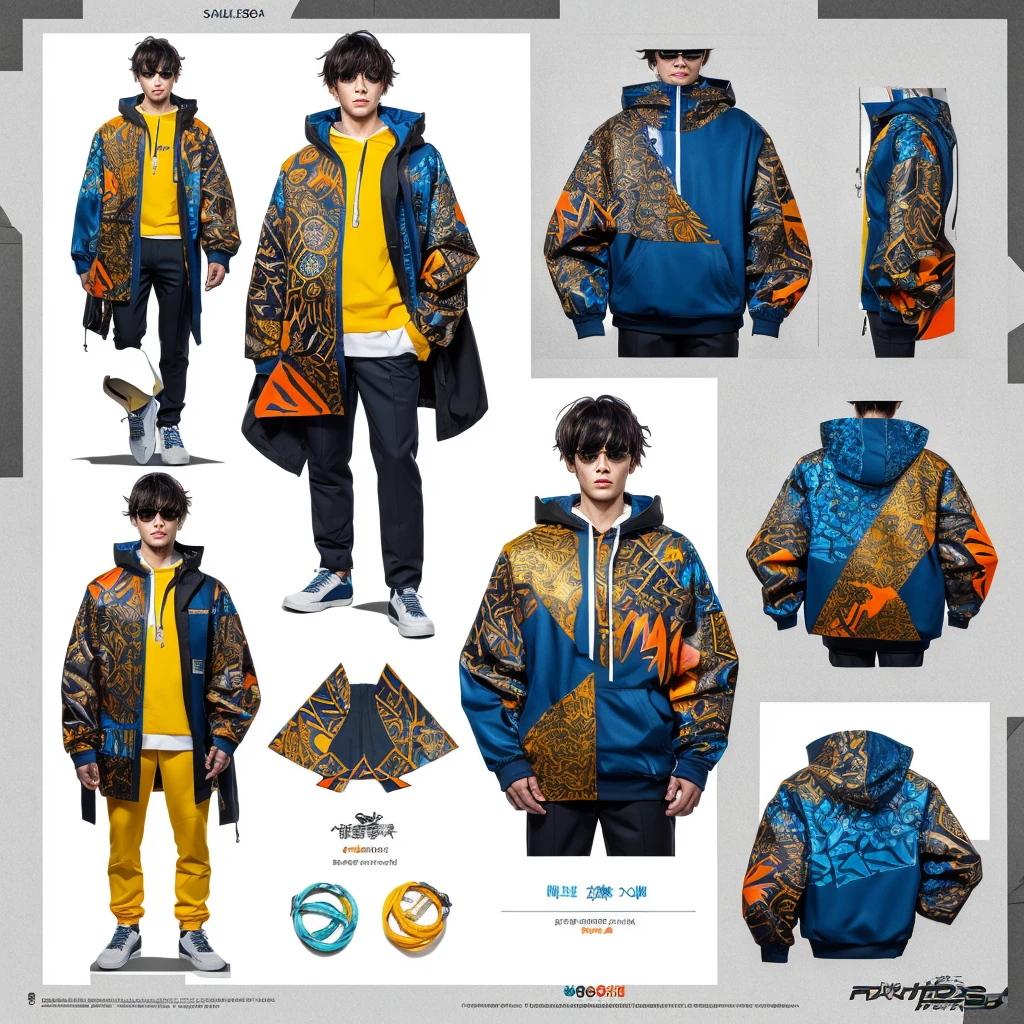 infographic fashion design, multiple concept designs, concept design sheet, blue print paper, photo realistic , 3D, UHD, mixed style of yoji shinkawa, hideo kojima and Yoshitaka Amano , minimalist shiny Sukajan hoodie jacket with (( hybrid of batik and Japanese tatoo drawing style)) , high contrast blending and combination of ((white , lots of red, yellow , blue, orange and black)) colour , matching trousers