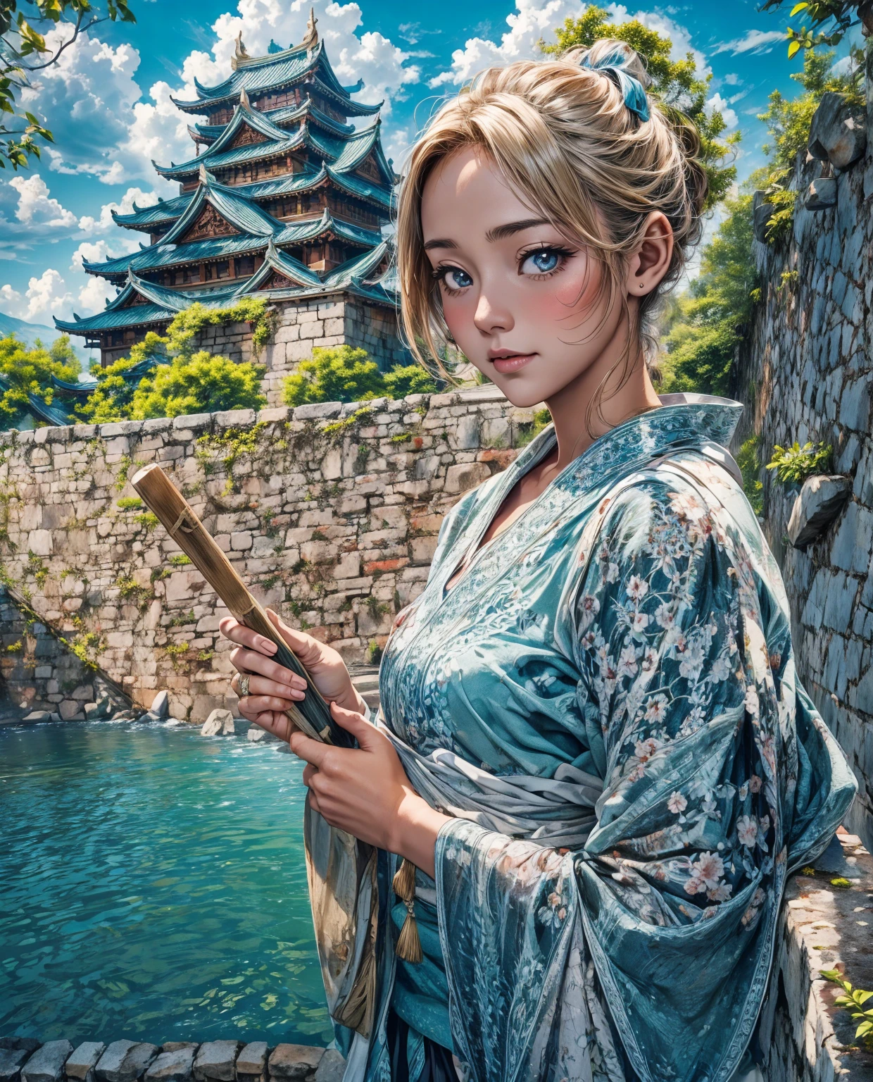 city、Stone Wall、Holding an iron fan、A moat filled with clean water、Cute 30 year old woman、