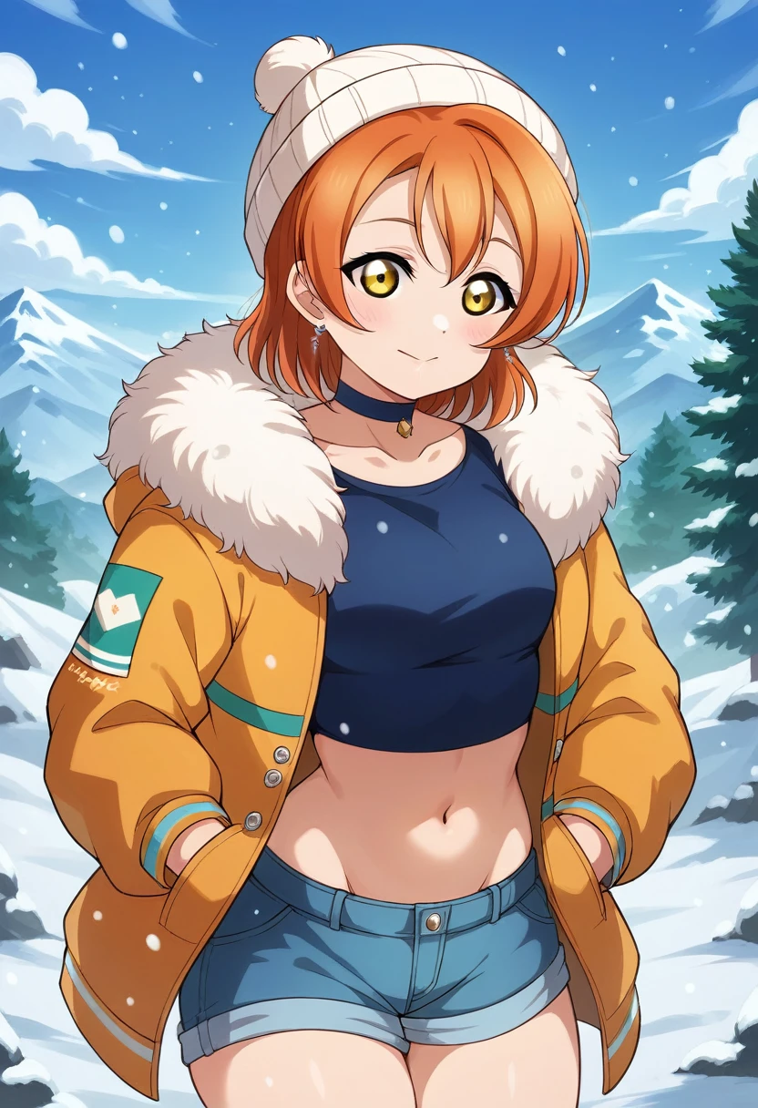 (Masterpiece, Best Quality, High Quality), Rin Hoshizora Love Live, orange hair, yellow eyes, cowboy shot,bangs, white beanie hat , crop top, jewelry, closed mouth, jacket, earrings, outdoors, sky, shorts, fur trim, cute choker, snow, snowing, mountain, fur-trimmed jacket, mountainous horizon,feeling cold, freezing , hands in pocket ,thicc thighs