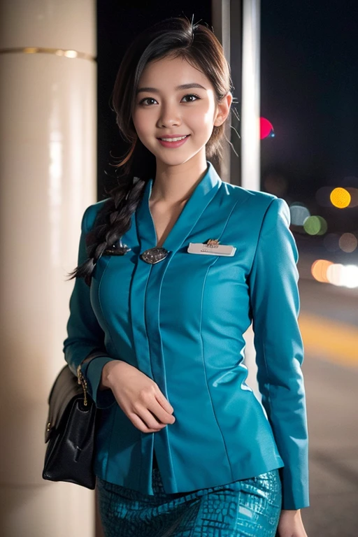 (A beautiful Chindo woman, age 22, she's a Air stewardess wearing garudaindonesia uniform, exploring Incheon Int'l Airport, kind expression, dimpled smile, cute snaggle-tooth, beautiful detailed face, beautiful detailed eyes, ample round bosom, french twist hairstyle, photorealistic, hyper-realism, high contrast, ultra HD, realistic skin textures, top image quality, top-quality, super high resolution, fine details, very meticulously, masterpiece, head to hips, the cowboy shot, calming atmosphere, bokeh night background)