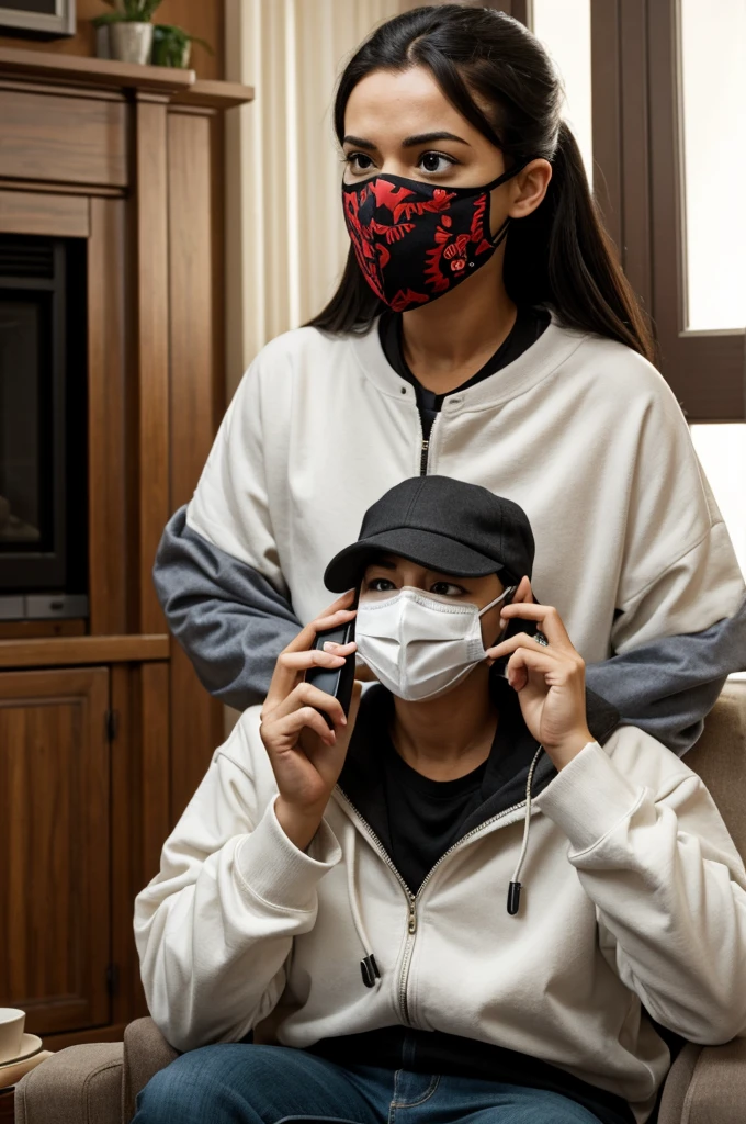 Create a high-quality, detailed image of the 'Wazzup' character from the movie 'Scary Movie'. The character should be wearing the iconic Ghostface mask with a comical, exaggerated tongue sticking out, and holding a phone to their ear. The scene should capture the humorous and parodic essence of the original film, with a background that mimics a typical cozy living room setting.