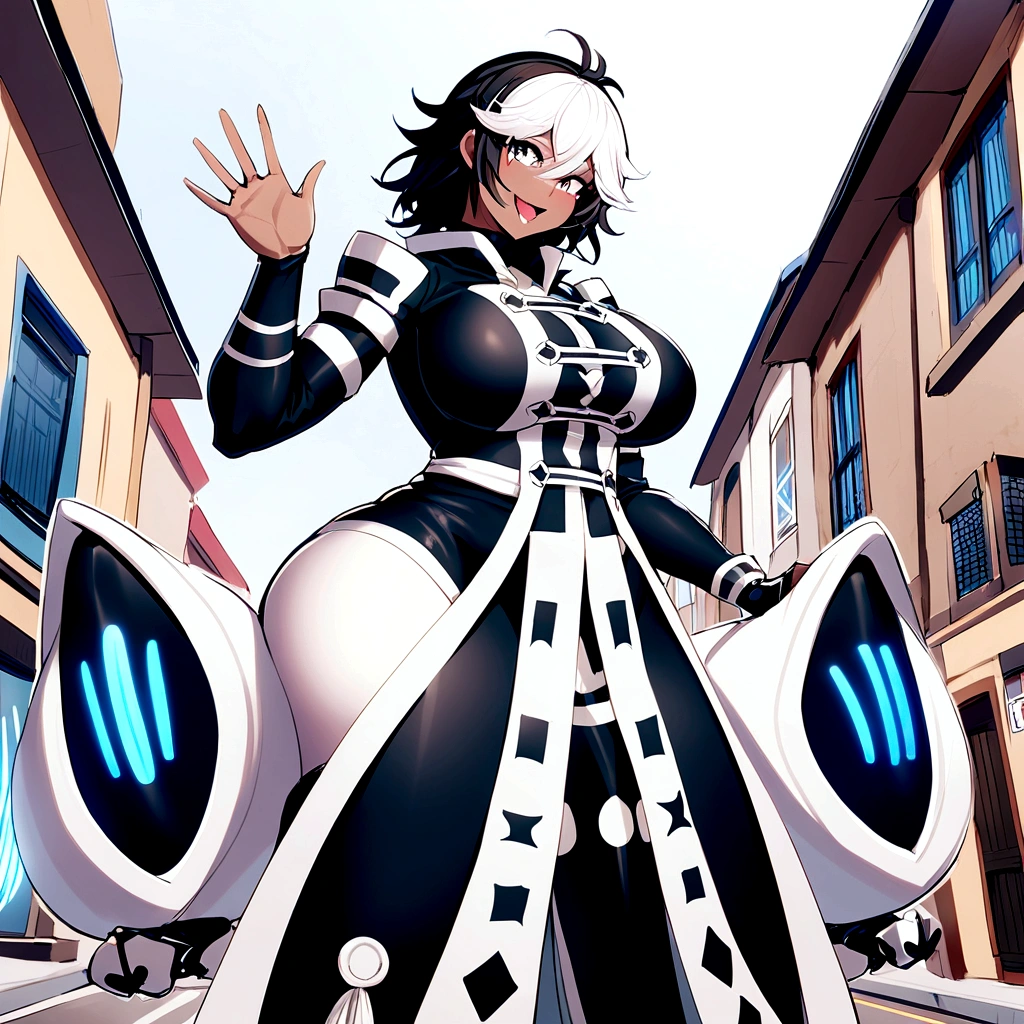 1womanl, is smiling, looking at the camera, standing, it is lifted, has his right arm raised waving, your mouth is open, smiling;, is smiling, It's on the street, is on the sidewalk, Is not home, e feliz, are you excited, Your body is voluptuous, Your body is attractive, she has big breasts, She has huge breasts, She has a big ass, she has a huge ass, she has big thighs, she has very big thighs., Your skin is tanned, your skin is darker white.