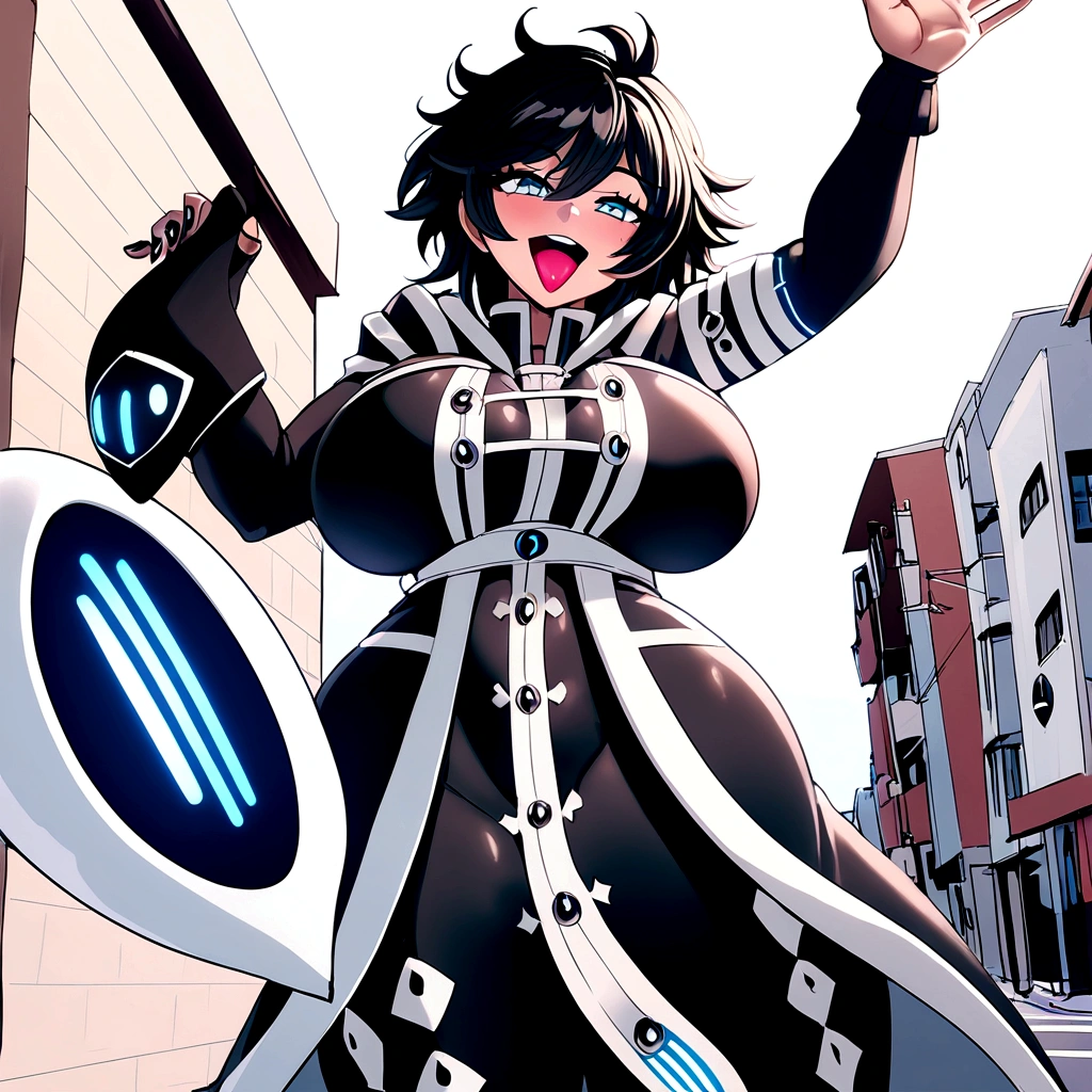 1womanl, is smiling, looking at the camera, standing, it is lifted, has his right arm raised waving, your mouth is open, smiling;, is smiling, It's on the street, is on the sidewalk, Is not home, e feliz, are you excited, Your body is voluptuous, Your body is attractive, she has big breasts, She has huge breasts, She has a big ass, she has a huge ass, she has big thighs, she has very big thighs., Your skin is tanned, your skin is darker white.