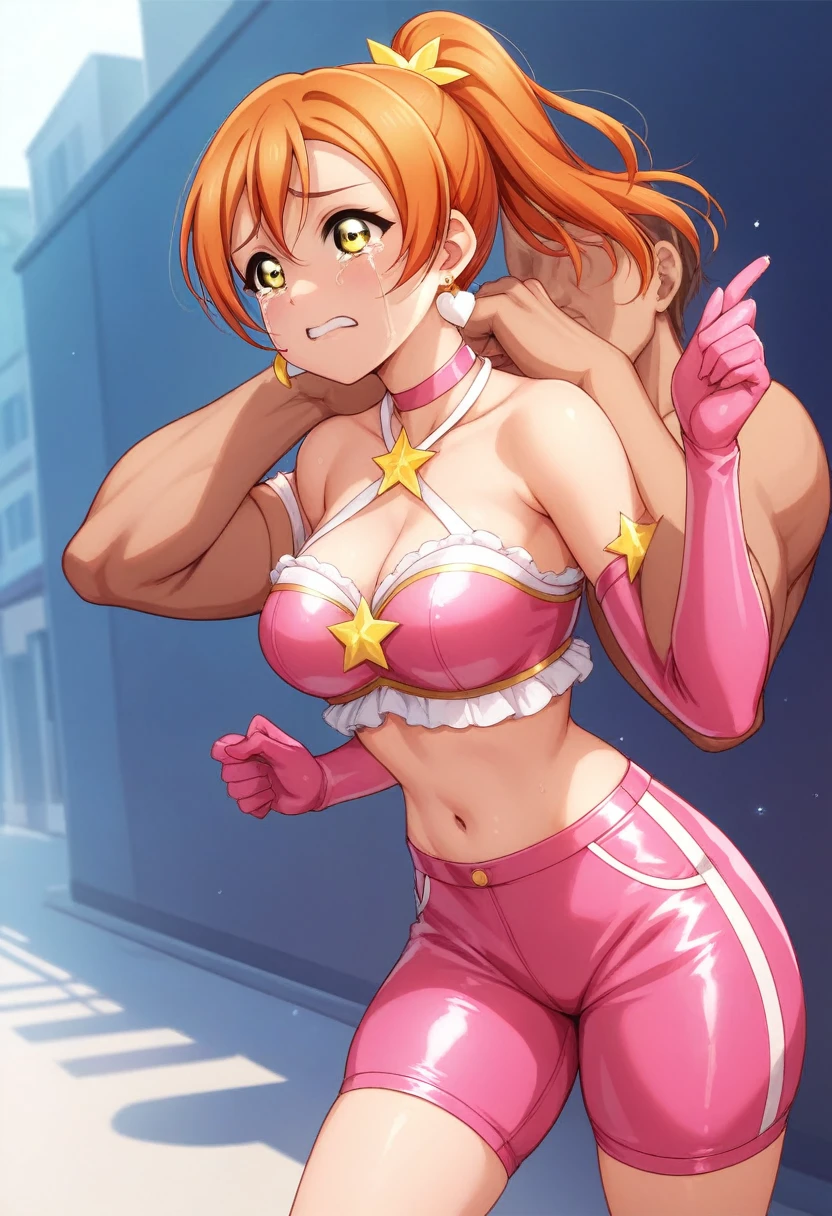 Masterpiece, best quality, Hoshizora rin love live, yellow eyes, orange hair,(pink tight crop top), halter neck,elbow gloves, (pink latex shorts), in street , magical girl, earrings, standing full nelson, crying,solo focus , passing out, defeat 