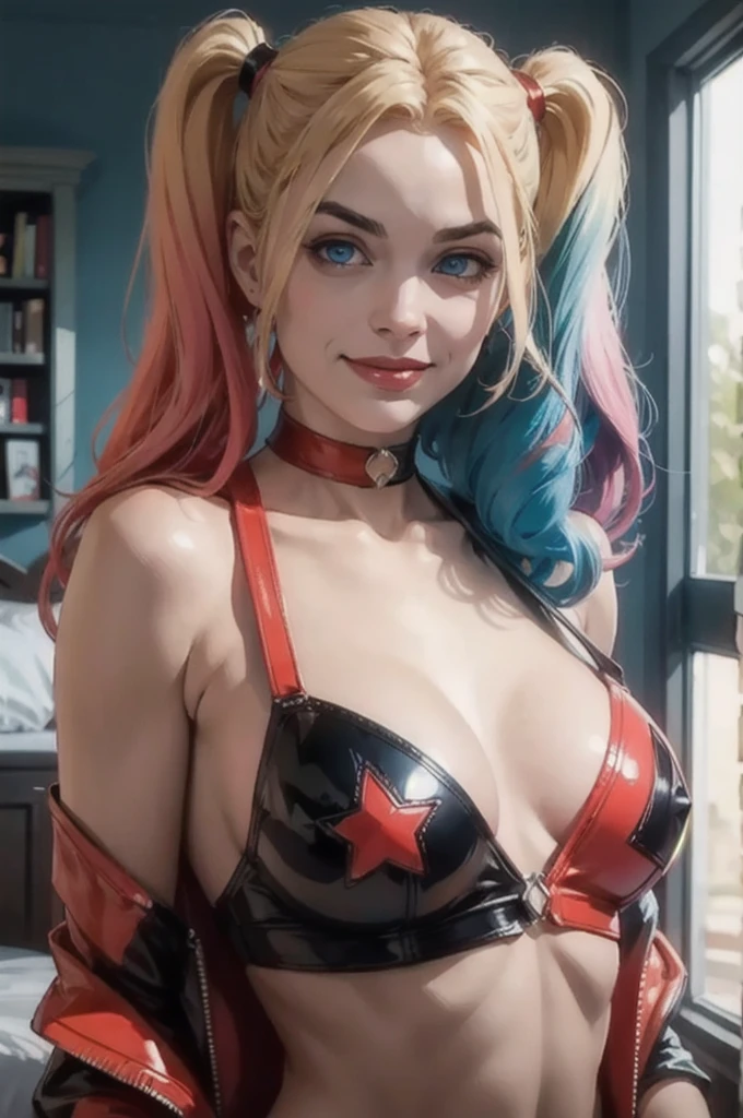 Harley quinn, multi colored hair, blue eyes, cozy room, seductive, smirk, 