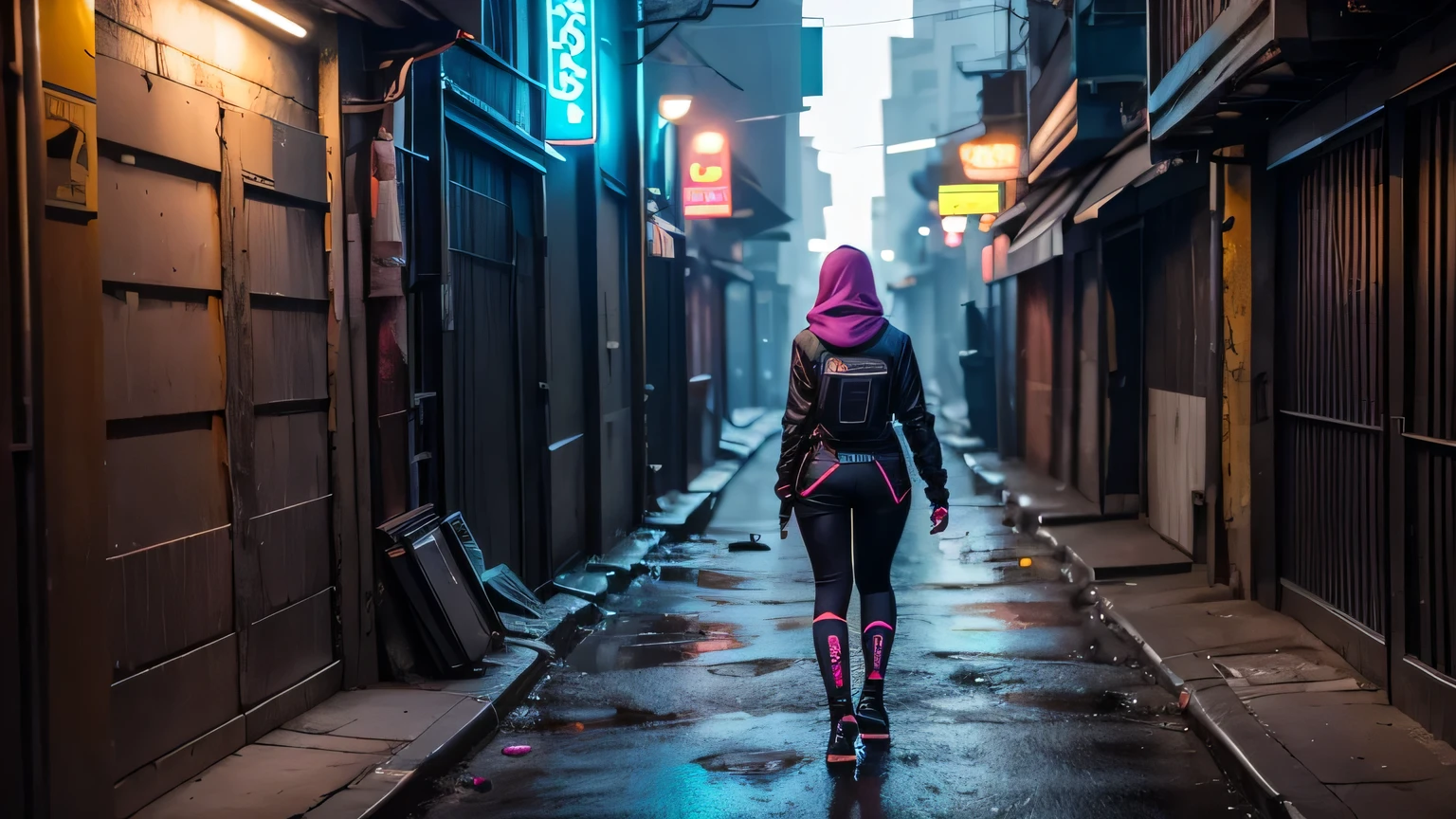 imagine prompt: A woman navigates a smoggy alley, her neon suit vivid against the grime, Canon EOS R5 capturing gritty textures from above, 14mm lens for an expansive wide shot immersed in the chaotic cyberscape, --chaos 50 --ar 16:9 --stop 80 --style raw --stylize 100 --weird 800 --quality 25 --v 6
