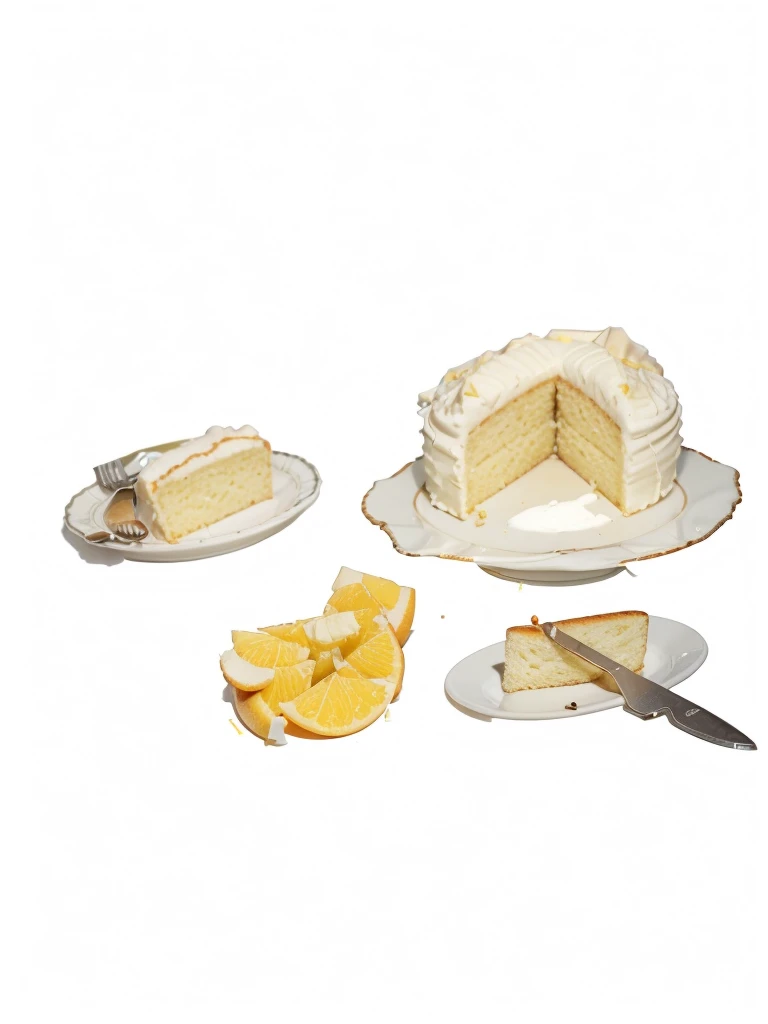 a slice of bread with butter on a white plate, a round orange cake with a slice missing, bananas, a small pat of butter with a tiny knife, morning cafe foods, high quality, detailed, realistic, photorealistic, colorful, warm lighting, still life, food photography, studio lighting, sharp focus, vivid colors, professional
