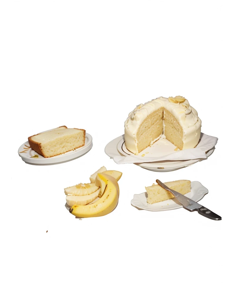 a slice of bread with butter on a white plate, a round orange cake with a slice missing, bananas, a small pat of butter with a tiny knife, morning cafe foods, high quality, detailed, realistic, photorealistic, colorful, warm lighting, still life, food photography, studio lighting, sharp focus, vivid colors, professional