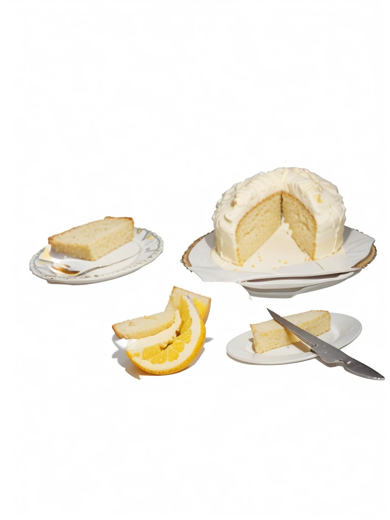 a slice of bread with butter on a white plate, a round orange cake with a slice missing, bananas, a small pat of butter with a tiny knife, morning cafe foods, high quality, detailed, realistic, photorealistic, colorful, warm lighting, still life, food photography, studio lighting, sharp focus, vivid colors, professional