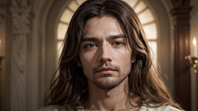 "Depict a representation of the man Jesus Christ in high definition, capturing your serenity and compassion in a vivid and realistic way. Detail your soft, expressive facial features, highlighting eyes that convey wisdom and unconditional love. Include subtle nuances of light that enhance your divine aura and inner peace. The scene can be set in a timeless setting, with symbolic elements that evoke its message of redemption and hope for humanity."