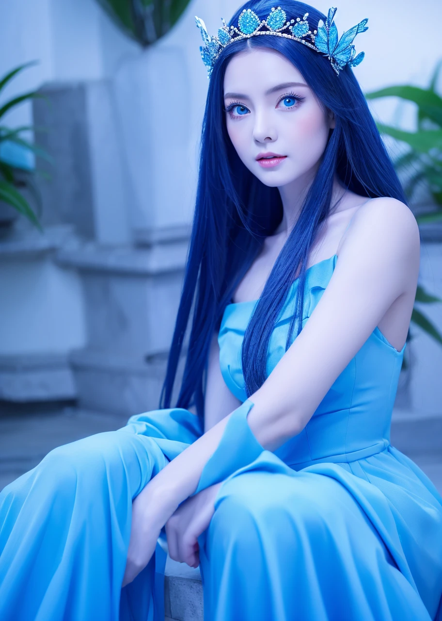  beautiful with blue eyes, long straight blue hair, blue crown on head, with blue butterfly wings, blue dress, skin fair, blue boot.