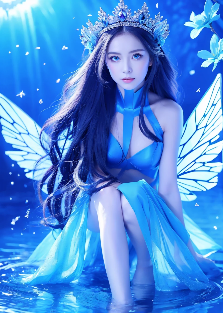  beautiful with blue eyes, long straight blue hair, blue crown on head, with blue butterfly wings, blue dress, skin fair, blue boot.