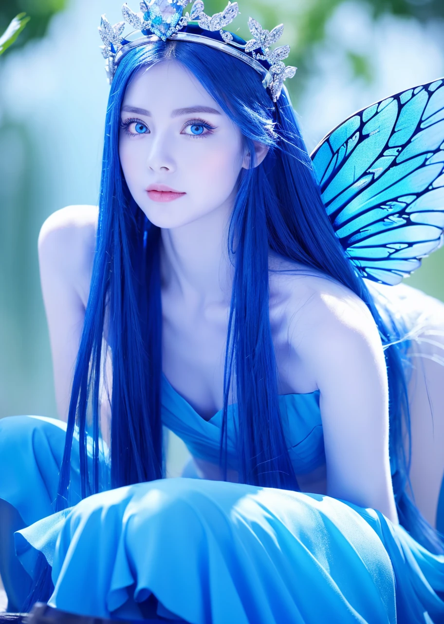  beautiful with blue eyes, long straight blue hair, blue crown on head, with blue butterfly wings, blue dress, skin fair, blue boot.