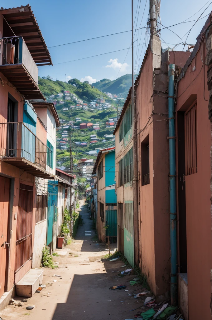 A favela with a focus on a corridor, brick house and antenna