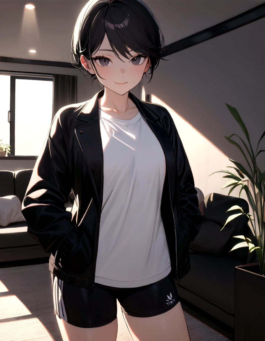 1 girl, tomboy, slim, beautiful, tall, attractive, ((short black hair))((black hair)), ((black eyes)), ((Girl wears: ((white shirt)), ((black jacket)), ((black gym short)))), ((living room)), looking at viewer, smiling warmly, hands in pocket, 8k, masterpiece, ray tracing
